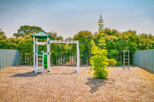 A small backyard with a playground and trees.